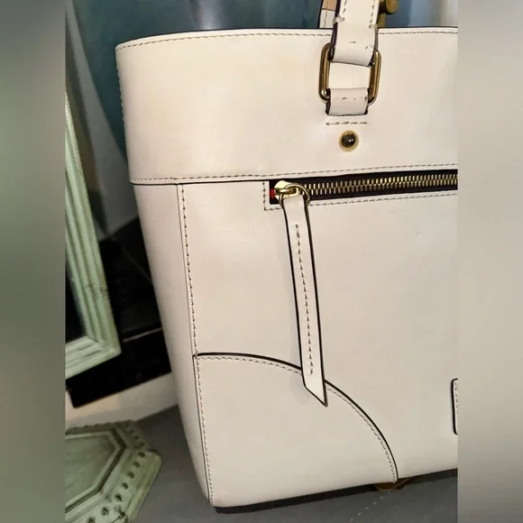 Dooney and Bourke Leather Bone Tote Bag, Gold hardware & blue accent scarf - Picture 5 of 16